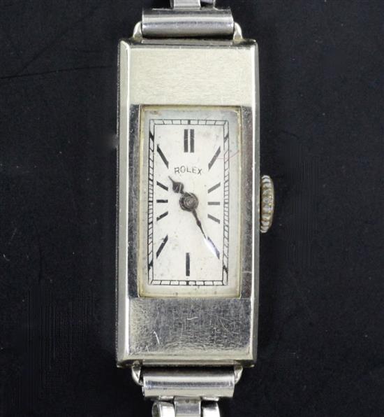 A ladys late 1920s 9ct white gold Rolex manual wind rectangular cased wrist watch,